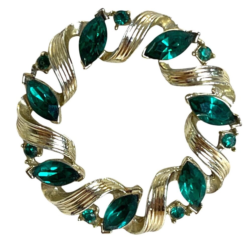 VTG Lisner Gold-Tone Ribbon Brooch Pin Emerald Green Rhinestones Glass Wreath - Picture 6 of 7